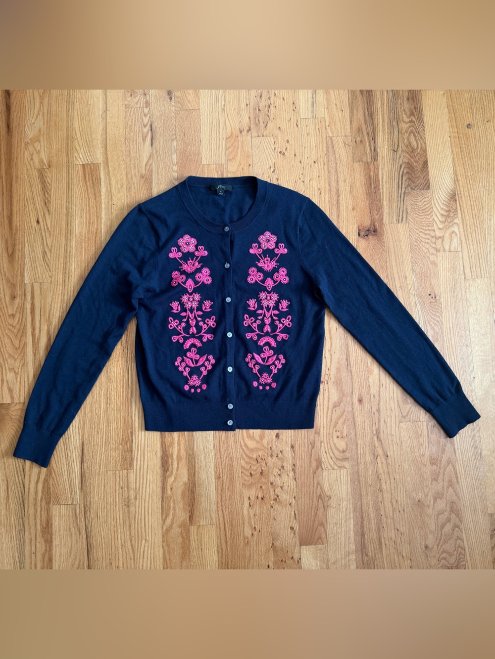JCrew Women’s Navy Cardigan Sweater with Pink Embroidery Size Medium